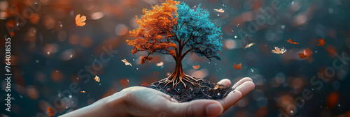Metamorphosis of Seasons. A surreal depiction of a miniature tree held in a hand, half ablaze with autumnal fire, half frosted with a wintry chill, symbolizing the cyclic beauty of the seasons.