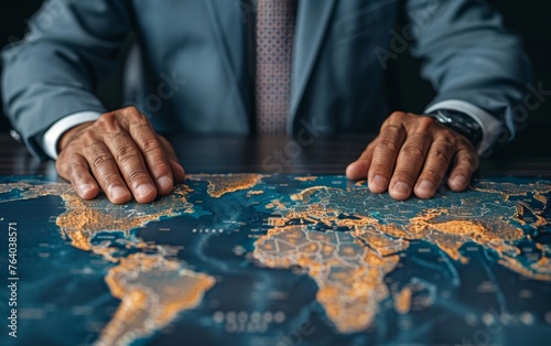 Study the world map in detail with key financial centers emphasized, being observed by a successful business professional.
