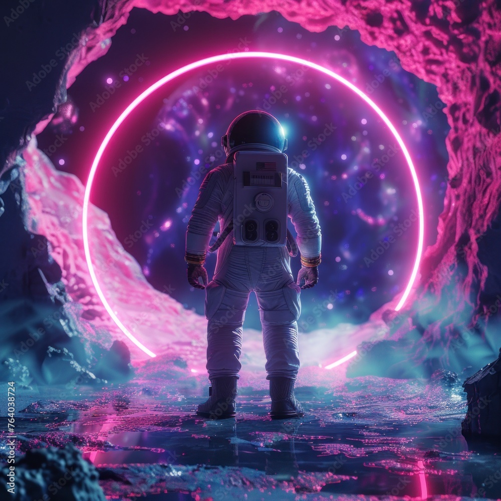 Astronaut in a suit observing a portal-style neon circle in space with neon clouds in high resolution and high quality. concept wallpaper, astronaut,neon,portal Astronaut in a suit observing a portal-style neon circle in space with neon clouds in high resolution and high quality. concept wallpaper, astronaut,neon,portal