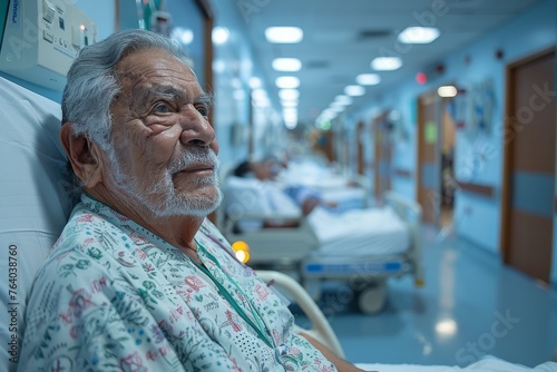 An elderly patient is seen recuperating in a hospital room filled with beds and medical equipment, portraying healthcare and recovery photo