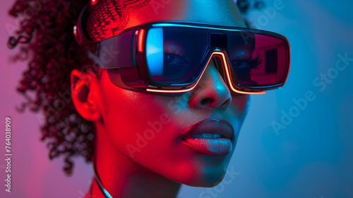 Latin woman using VR device red blue light