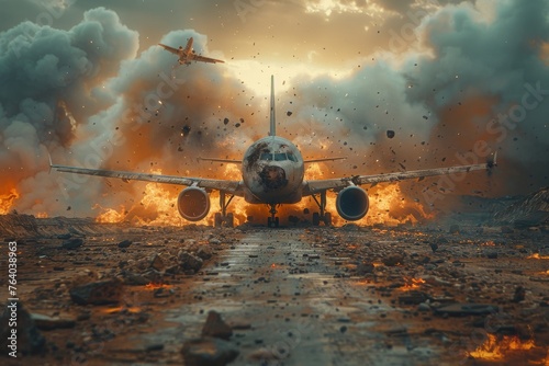 An intense image showing an airplane amidst flames and smoke, depicting a catastrophic explosion of an undefined accident