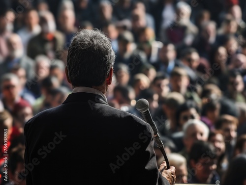 Rear view of a man speaking to an audience, holding a microphone, concept of leadership and public speaking.