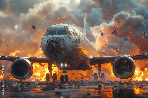 A close-up of an airplane's cockpit with evident distress signals, foreshadowing an imminent explosion, embellished by fiery skies photo