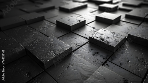 An abstract image of wet, shiny geometric tiles, reflecting light and creating an intricate pattern with a dark, moody atmosphere