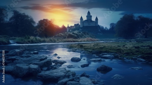 beautiful landscape with mysterious river, full moon over castles AI generated