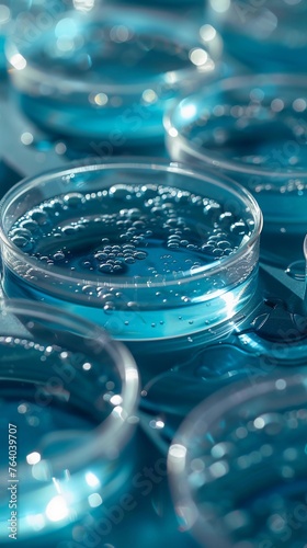 Close-Up Of Petri Dishes With Crystal Clear Bacterial Growth, Laboratory Research, Bacteriology Study, Microbiology Experiment, Biotechnology. Vertical Banner. AI Generated