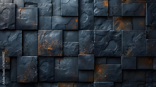A highly detailed image showcasing textured stone blocks with interspersed orange elements, rendered in a geometric pattern