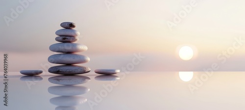 Tranquil zen stones reflecting the warm, golden glow of the sunset in calm and serene waters