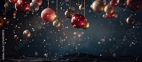 A detailed view of a cluster of festive Christmas ornaments suspended from threads © TheWaterMeloonProjec