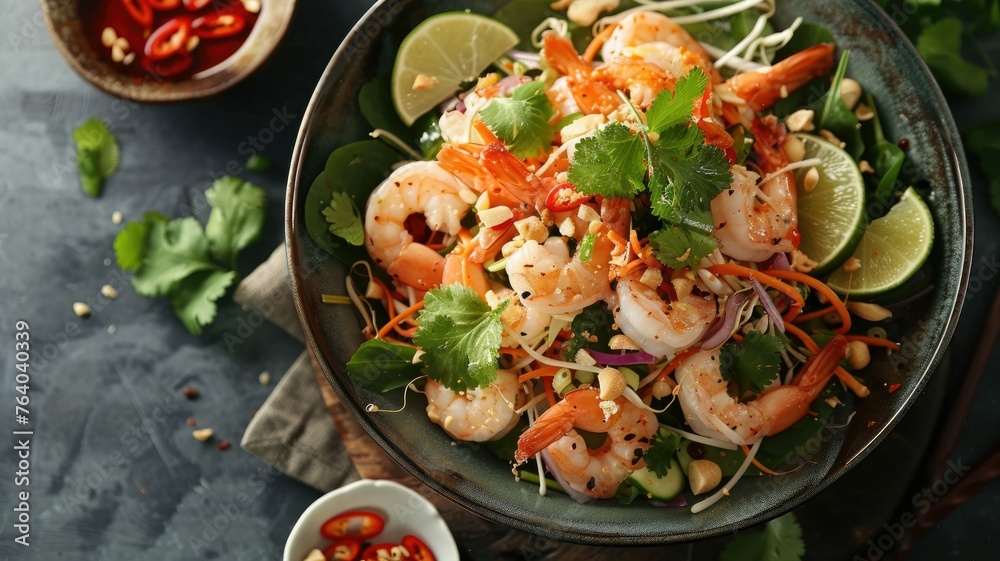 Overhead of a vibrant shrimp pad thai dish - An overhead shot captures the appealing vibrancy and variety of textures in a fresh shrimp pad thai, served with lime and peanuts