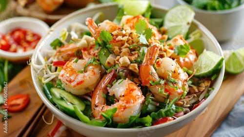 Shrimp pad thai with a colorful presentation - This mouth-watering shrimp pad thai is a feast for the eyes with its bright colors and garnishes set in a homely bowl