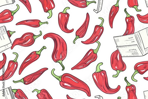 Seamless pattern design with chili peppers - A seamless repeating pattern of red chili peppers with placeholder text on a white background photo