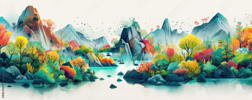 Colorful illustrated mountainous landscape - A vibrant digital illustration of a serene, colorful mountain landscape with lakes and birds flying