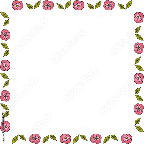 Square frame with pink peony bud and green leaves on white background. Vector image.