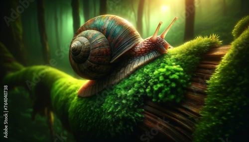 Vibrant Snail Crawling on Moss-Covered Leaf in Serene Forest