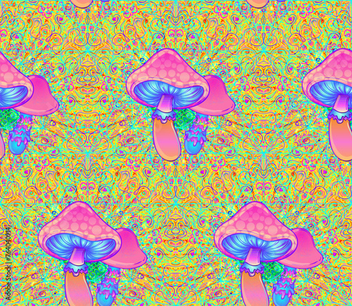 Psychedelic seamless pattern with magic mushrooms over sacred geometry. Vecto...