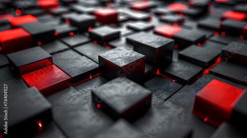 Array of reflective cubes with strategic red illumination creating a sense of organization and disruption