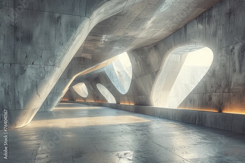 Intricate curves of a concrete walkway are highlighted by the warm glow of natural light