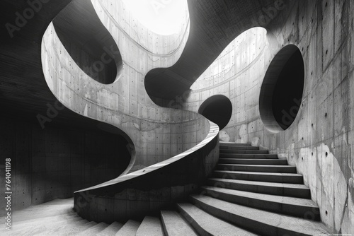 Enchanting monochrome capture of a curved structure with circular openings and a sweeping staircase