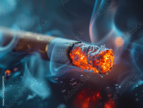 Filter tip of a cigarette with smoke swirling around emphasizing smoking dangers , vibrant photo