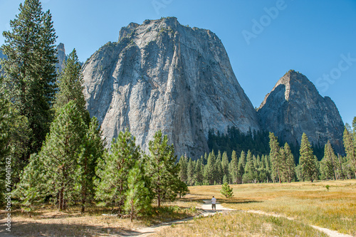 Middle Cathedral Rock and Yosemite Valley in Yosemite National Park during September in California. Formed in 1890 this is one of the oldest and most famous National Parks in the United States.
