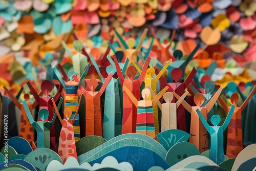 Cooperation depicted in an interactive paper art sculpture inviting viewers to rearrange elements symbolizing the collective effort in building a better society photo