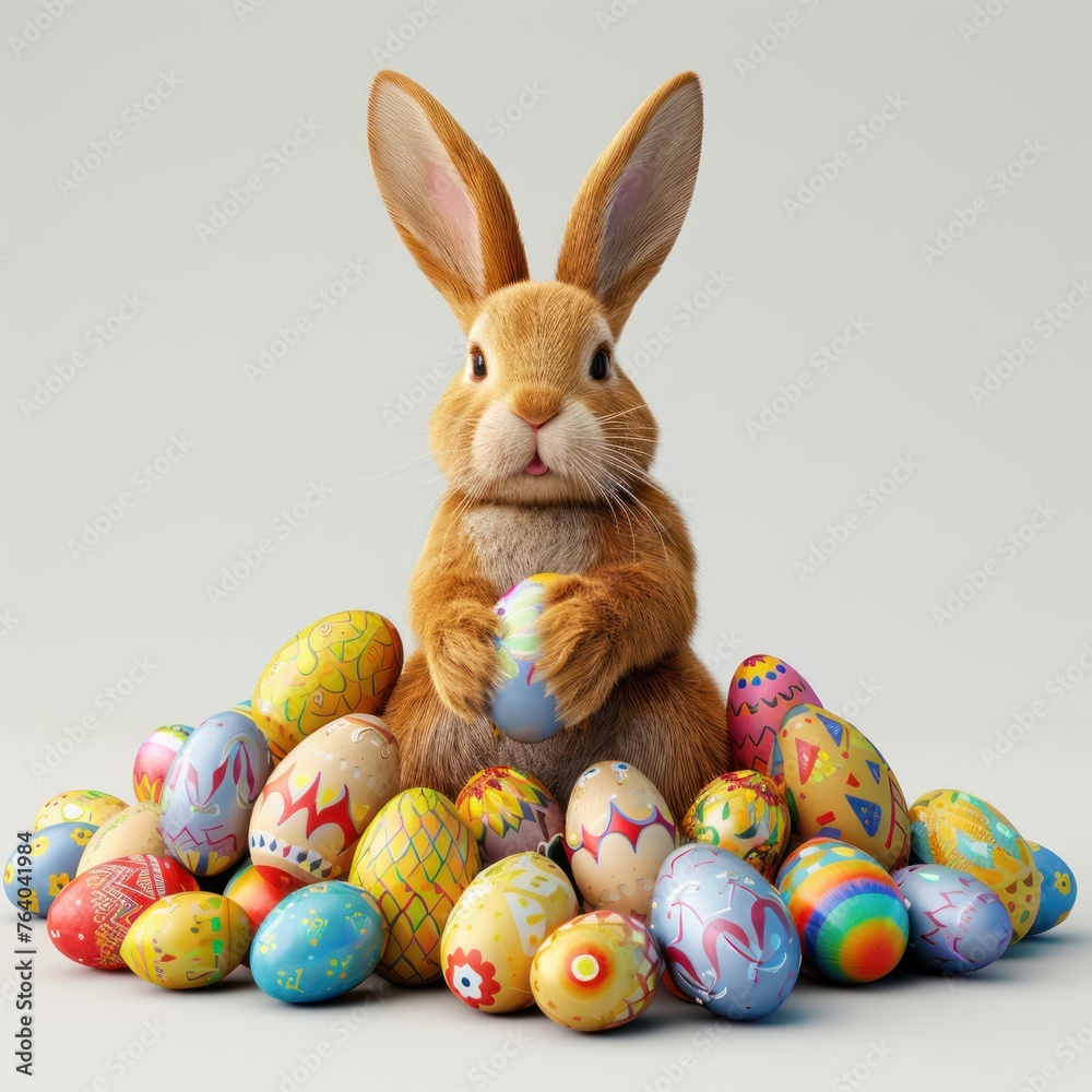 Rabbit Surrounded by Painted Eggs Generative AI