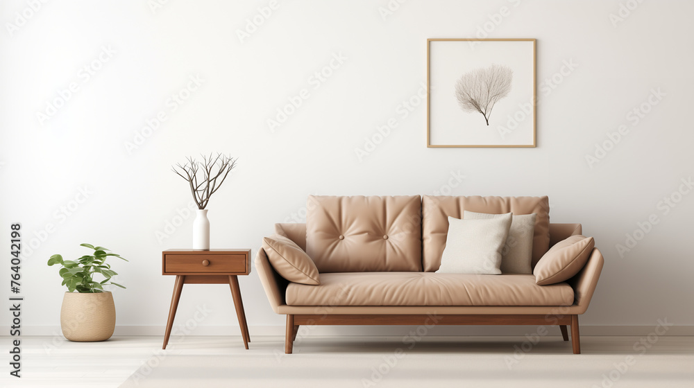 Stylish living room interior with brown leather sofa, wooden table, houseplant, and coral wall art Stylish living room interior with brown leather sofa, wooden table, houseplant, and coral wall art