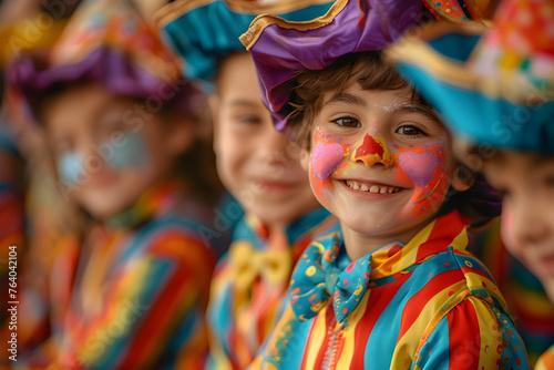 Children in clown costumes celebrating April Fool's Day with joy and laughter.