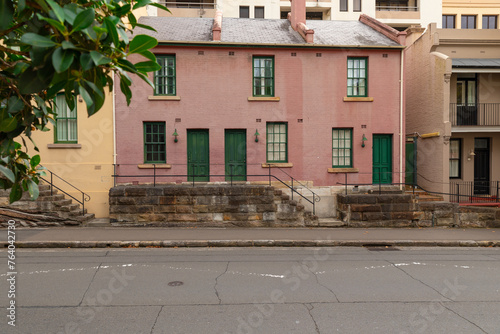Sydney Rocks precinct on the shore of Sydney Harbour historical architecture from the first fleet settlement over 200 years ago. Buildings made from sandstone blocks small narrow streets NSW Australia