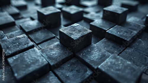 This compelling image draws focus to a single illuminated cube amongst a uniform sea of dark blocks