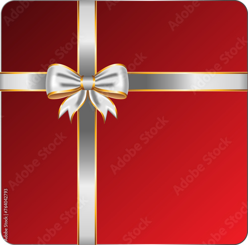 Silver ribbon bow has gold trim with gift box top view illustration