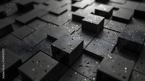 The image shows a glistening wet surface on black cubic shapes arranged abstractly with a dark, moody atmosphere