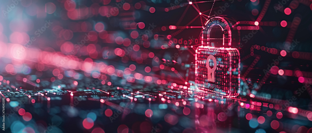 Cybersecurity concept with a digital lock on a virtual background ...