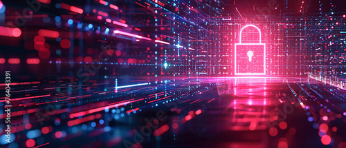 Cybersecurity concept with a digital lock on a virtual background, symbolizing the protection of digital data and online privacy.