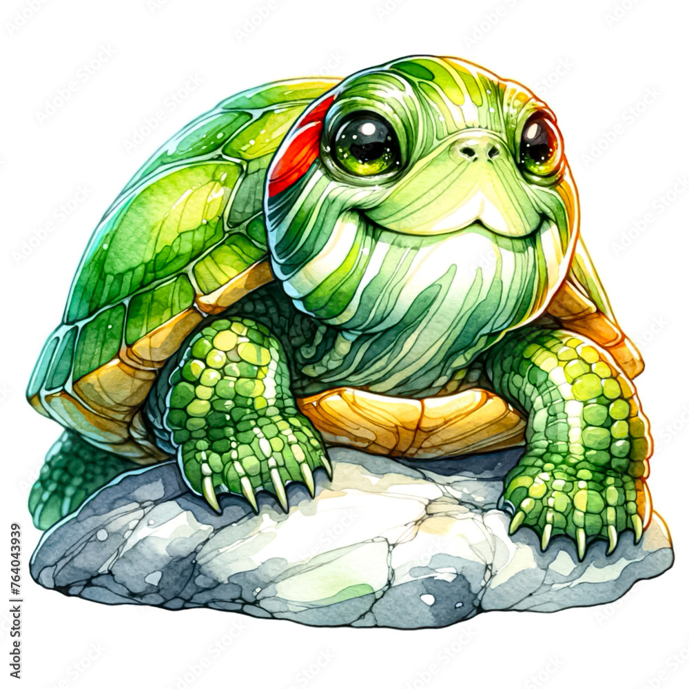 Fototapeta premium An illustration of Red-eared slider cute turtle resting on a rock, rendered in watercolor style.
