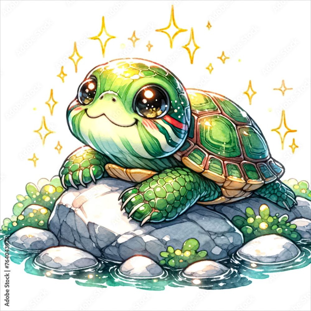 An illustration of Red-eared slider cute turtle resting on a rock, rendered in watercolor style. An illustration of Red-eared slider cute turtle resting on a rock, rendered in watercolor style.