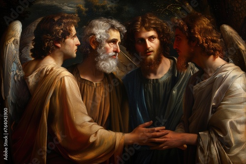 The encounter with three angels, the biblical narrative of Abraham divine visitation, a moment of awe and revelation in ancient scripture and spiritual tradition photo