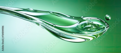 An up-close view of a vibrant green liquid in a container, featuring a single droplet of water on its surface