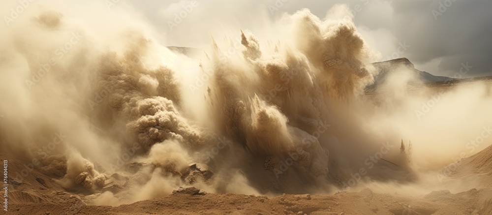 Giraffes are moving through a dusty terrain with a significant amount of dust particles in the air