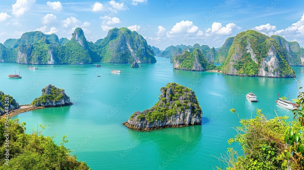 Halong bay  unesco world heritage site with limestone islands and emerald waters in vietnam - obrazy, fototapety, plakaty 