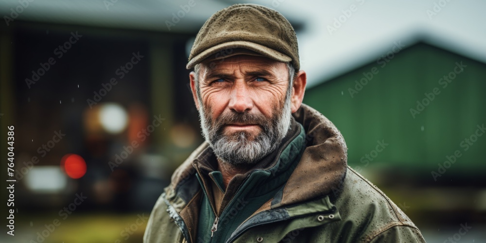 A portrait of a male farmer in overalls stands near his farm. Generative AI. A portrait of a male farmer in overalls stands near his farm. Generative AI.
