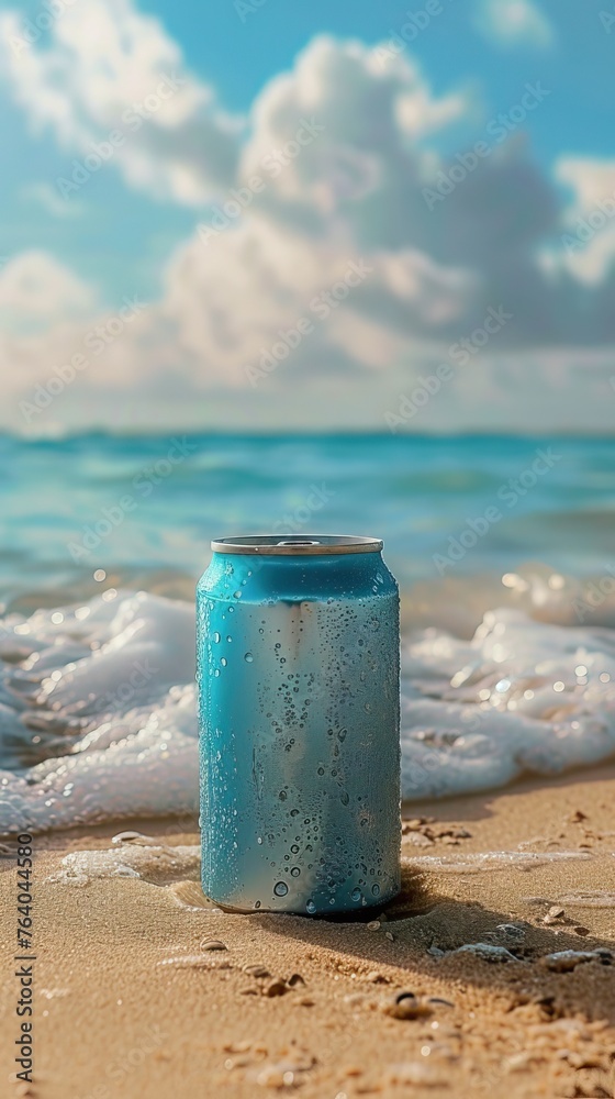 Cold drink can on the sand on the beach by the sea high quality AI generated image Cold drink can on the sand on the beach by the sea high quality AI generated image