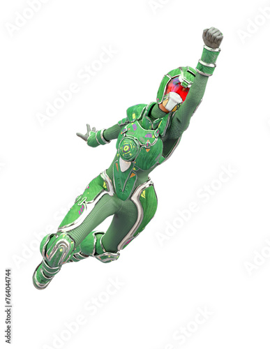 futuristic astronaut girl flying up fast