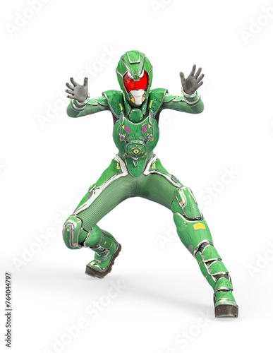 futuristic astronaut girl in a flame thrower pose