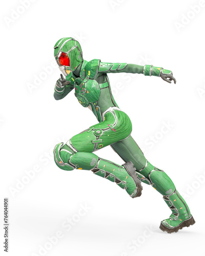 futuristic astronaut girl running up fast