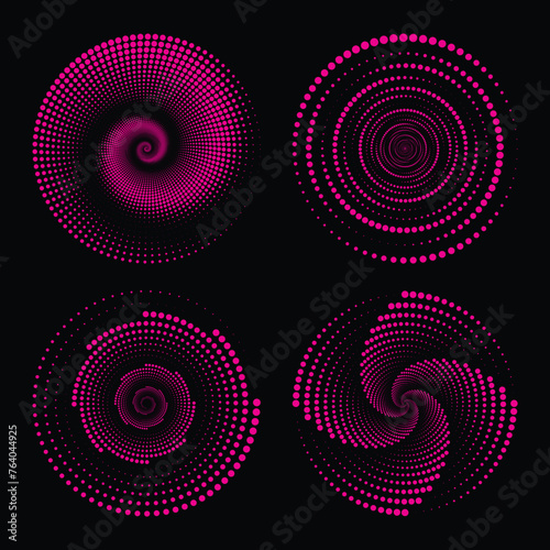 Dots, speckles abstract concentric circle. Spiral, swirl, twirl element.Circular and radial lines volute, helix.Segmented circle with rotation.Radiating arc lines. Cochlear, set.