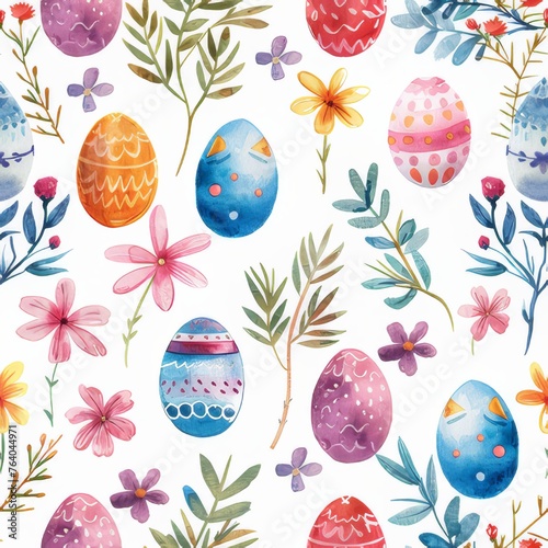 A seamless watercolor Easter pattern on a white background.