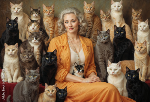 A dreamlike portrait of young beautiful woman surrounded by many cute kittens. Cat love, adopt, warm, comfort and cosiness concepts